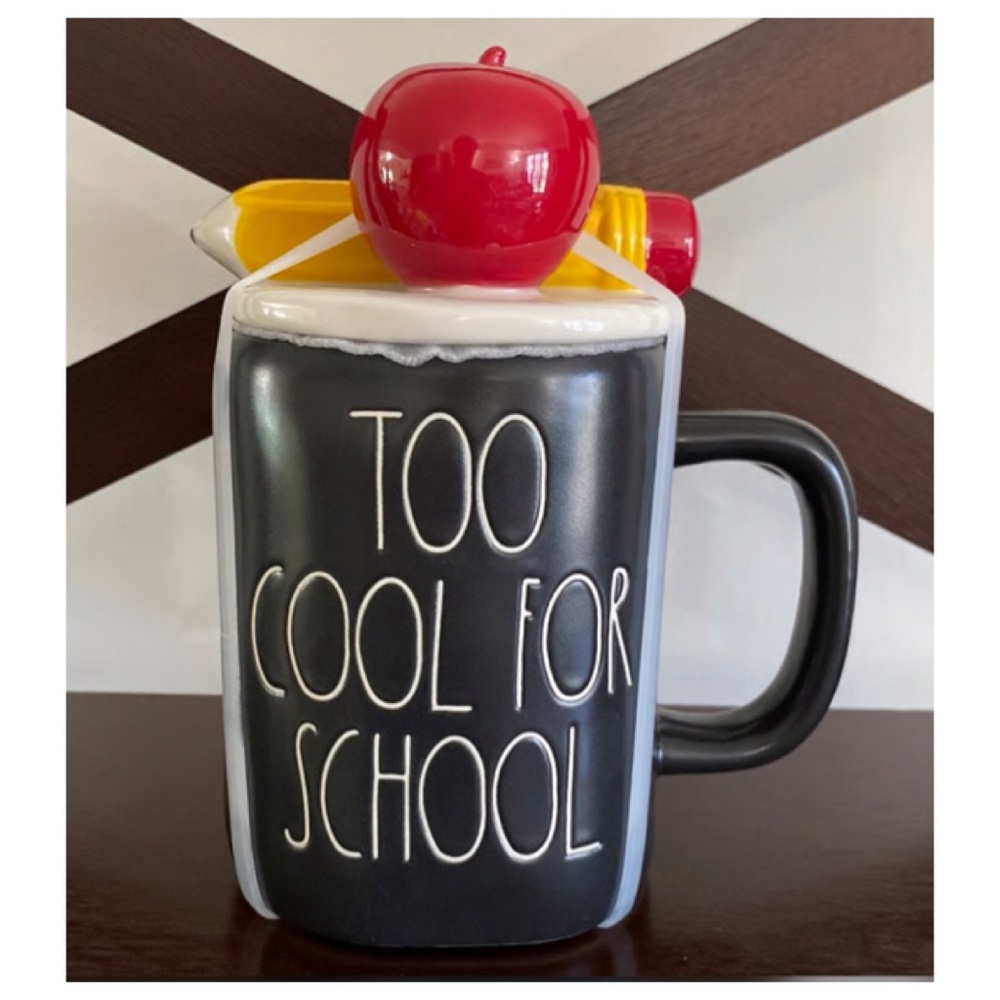 NEW Rae Dunn Too Cool For School Black Mug Apple Pencil Lid Cover 🍎
